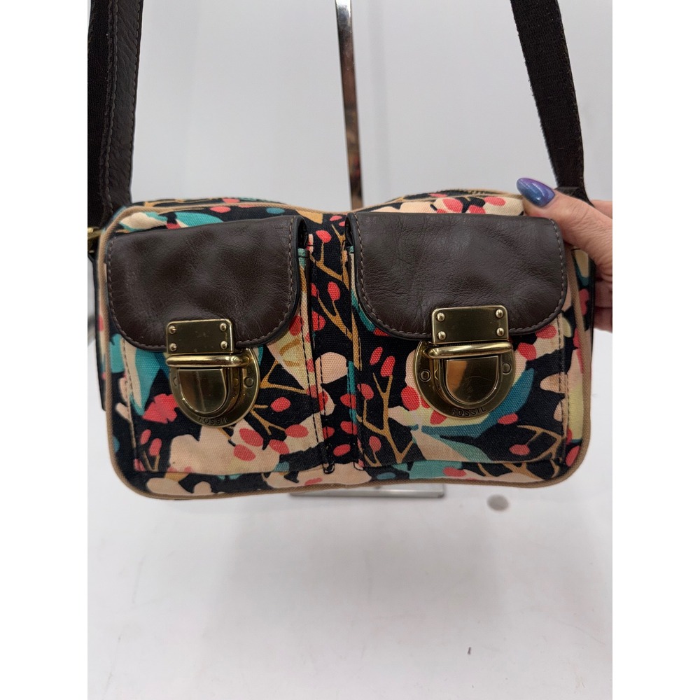 Fossil Floral Canvas Crossbody Bag Brown Leather Trim Brass Hardware Multi Color